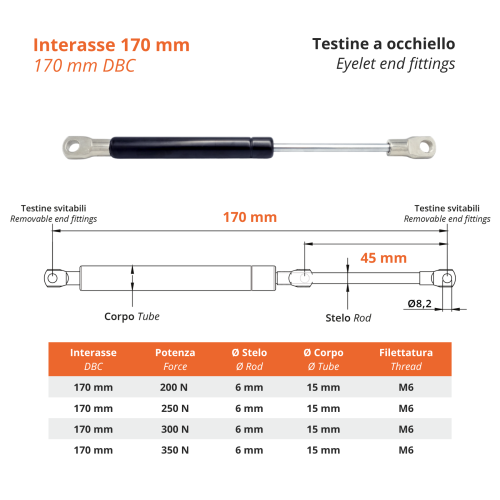 PISTONE a GAS Interasse 170 mm Fissaggio Occhiello &Oslash; 8,2 - 1 Pezzo