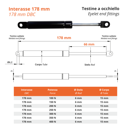 PISTONE A GAS Interasse 178 mm Testina a Occhiello Saldata - 1 Pezzo