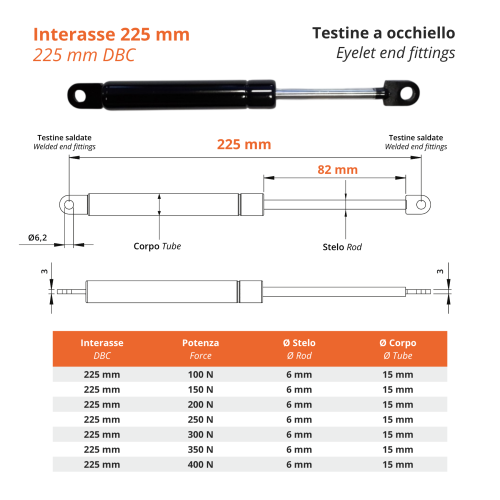 PISTONE A GAS Interasse 225 mm Testina a Occhiello Saldata - 1 Pezzo