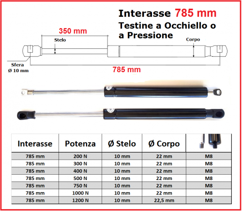 PISTONE a GAS Interasse 785 mm Fissaggio Occhiello Ø 8,2 o Pressione - 1 Pezzo