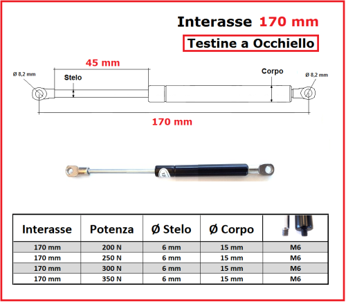 PISTONE a GAS Interasse 170 mm Fissaggio Occhiello Ø 8,2 - 1 Pezzo