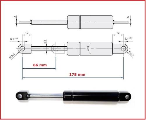 PISTONE PISTONCINO MOLLA A GAS Interasse 178 mm Foro Occhiello Ø 6,1 mm RICAMBIO