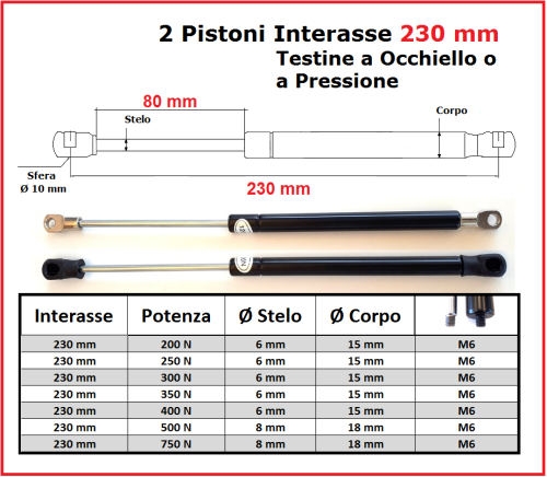Coppia PISTONI a GAS Interasse 230 mm Fissaggio Occhiello Ø 8,2 o Pressione