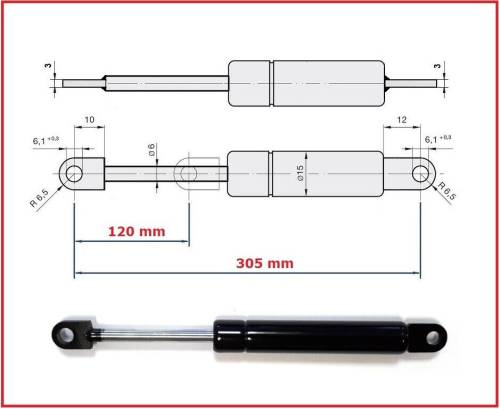 PISTONE PISTONCINO MOLLA A GAS Interasse 305 mm Foro Occhiello Ø 6,1 mm RICAMBIO
